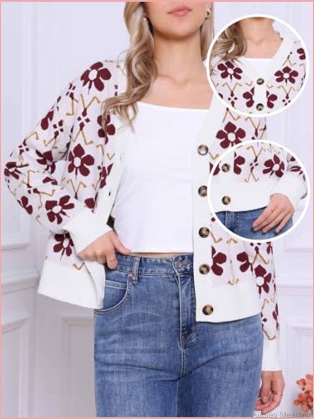 Floral Cardigan Sweater Open Front V Neck Long Sleeve Knit - Picture 2 of 5